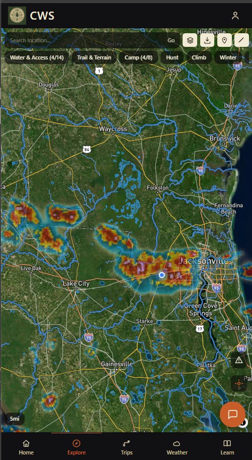 Satellite map with radar overlay and activity category filters