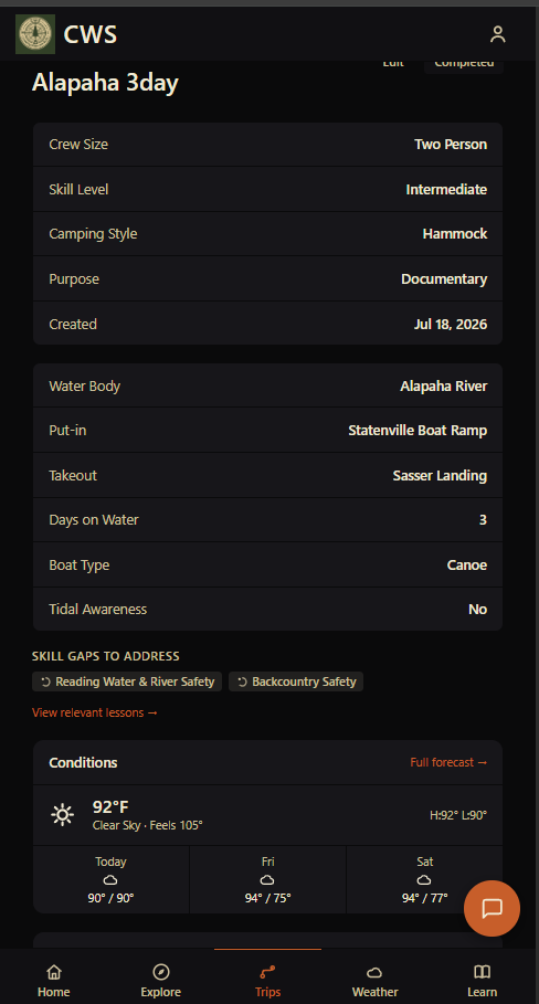 Trip detail screen with skill gaps to address, put-in and takeout, and crew details