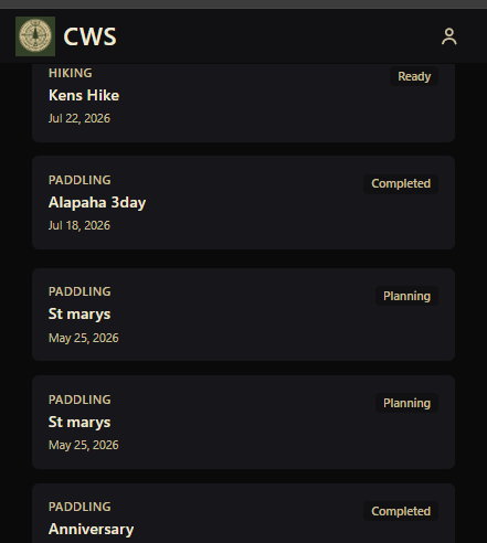 CWS trip list showing trips across different activity types like hiking and paddling