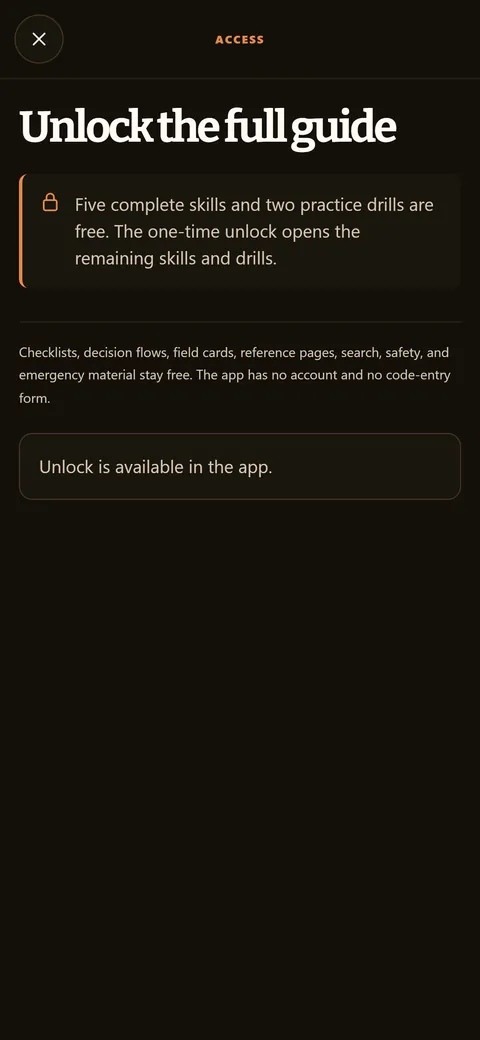 CWS Bushcraft app screen: The one-time unlock, with restore and code redemption