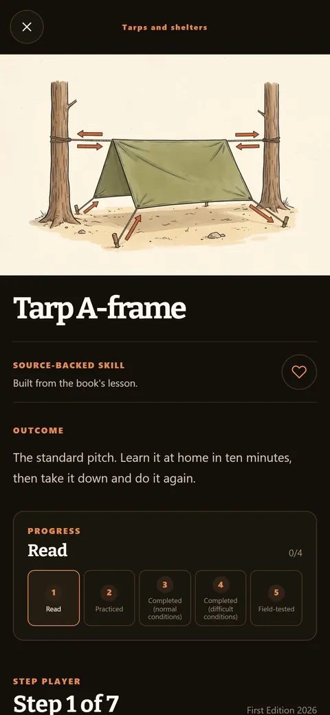 CWS Bushcraft app screen: Step player: one step at a time with the book's own wording