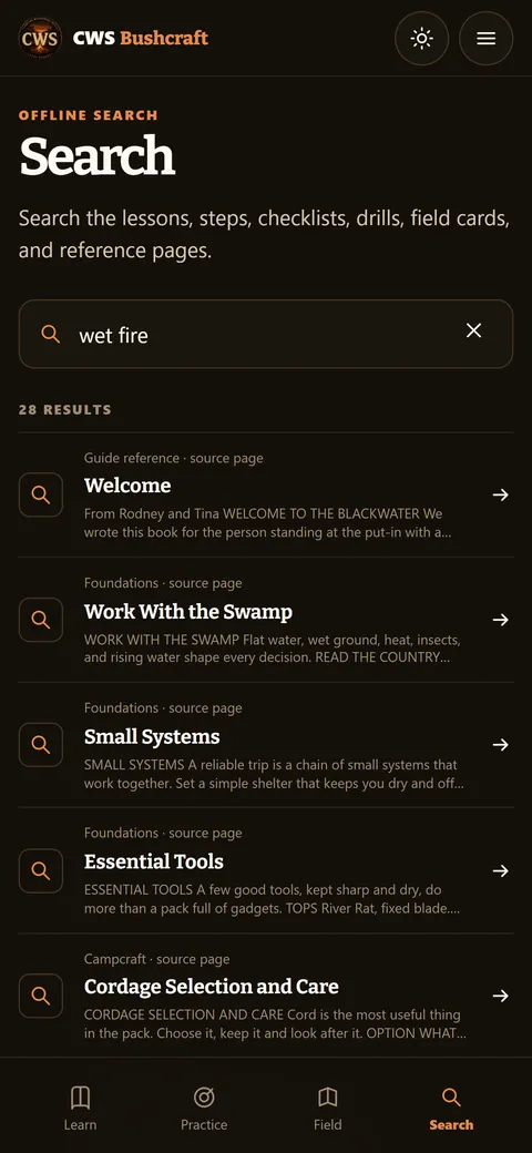 CWS Bushcraft app screen: Search every page, even with no signal