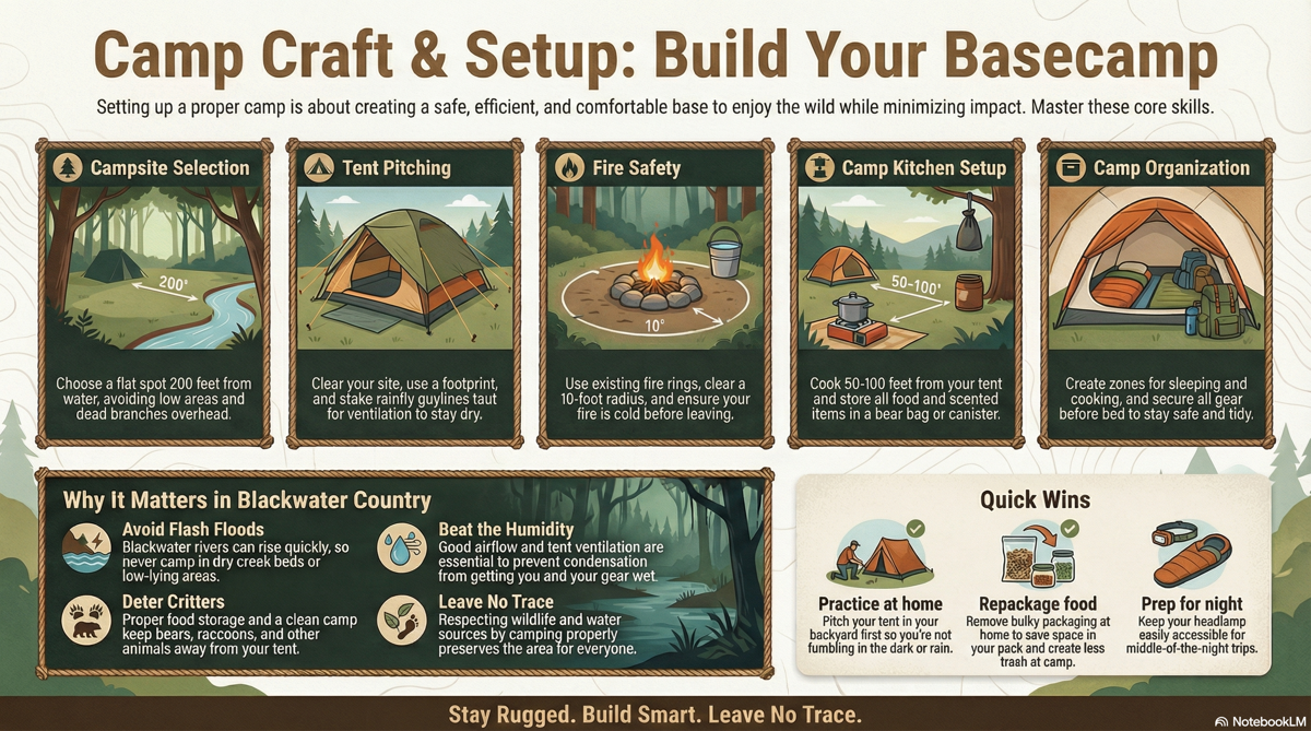 Camp craft and setup field guide: campsite selection, tent pitching, fire safety, camp kitchen, and camp organization.