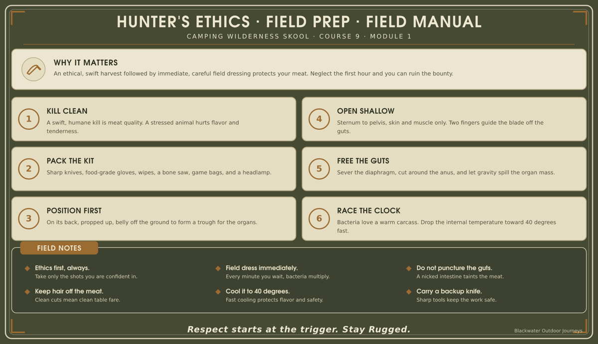 Hunter's ethics and field prep field guide: kill clean, pack the kit, position first, open shallow, free the guts, race the clock, plus field notes.